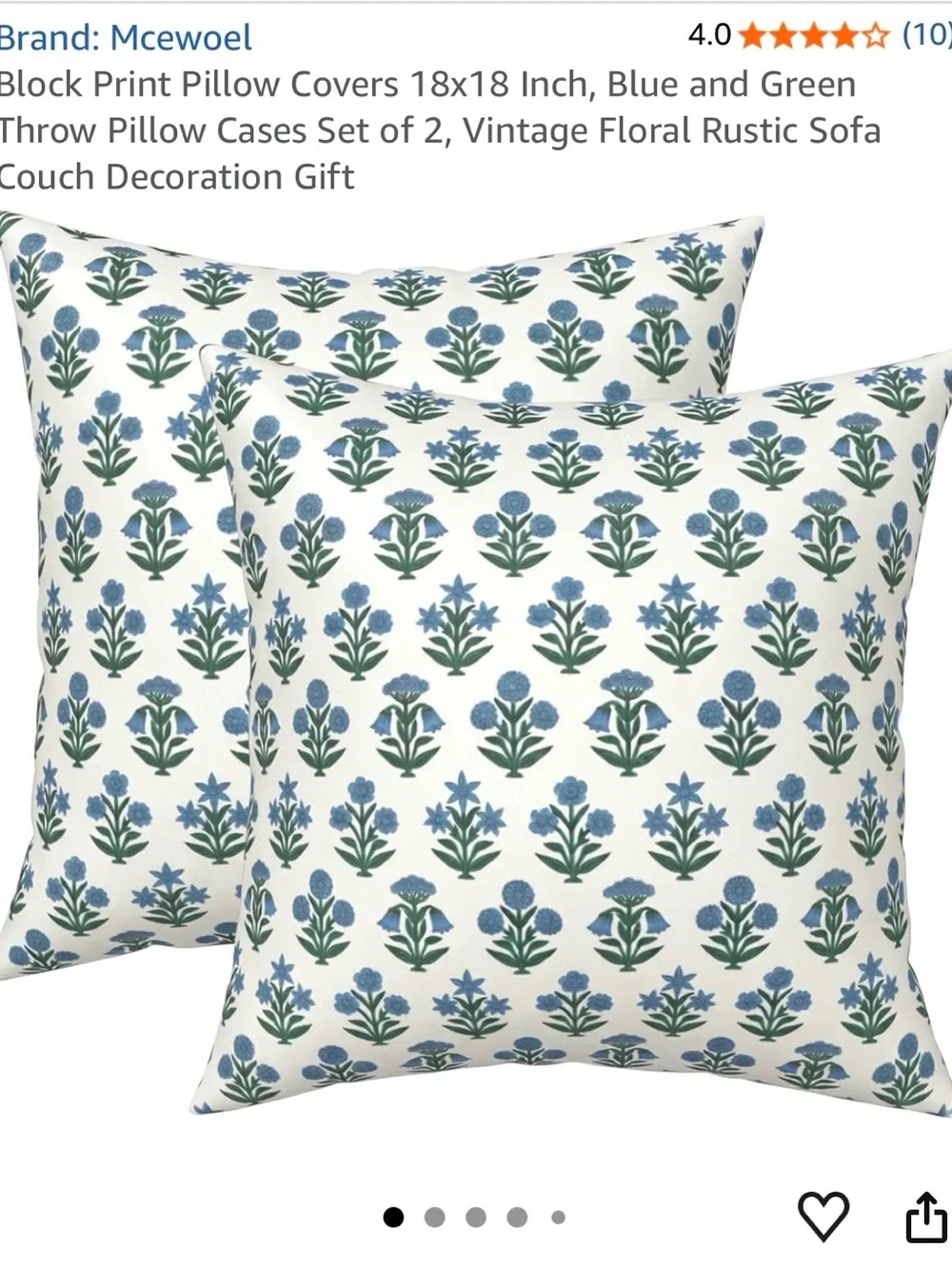 Blue and Green Floral Block Print Pillow Covers (Set of 2)